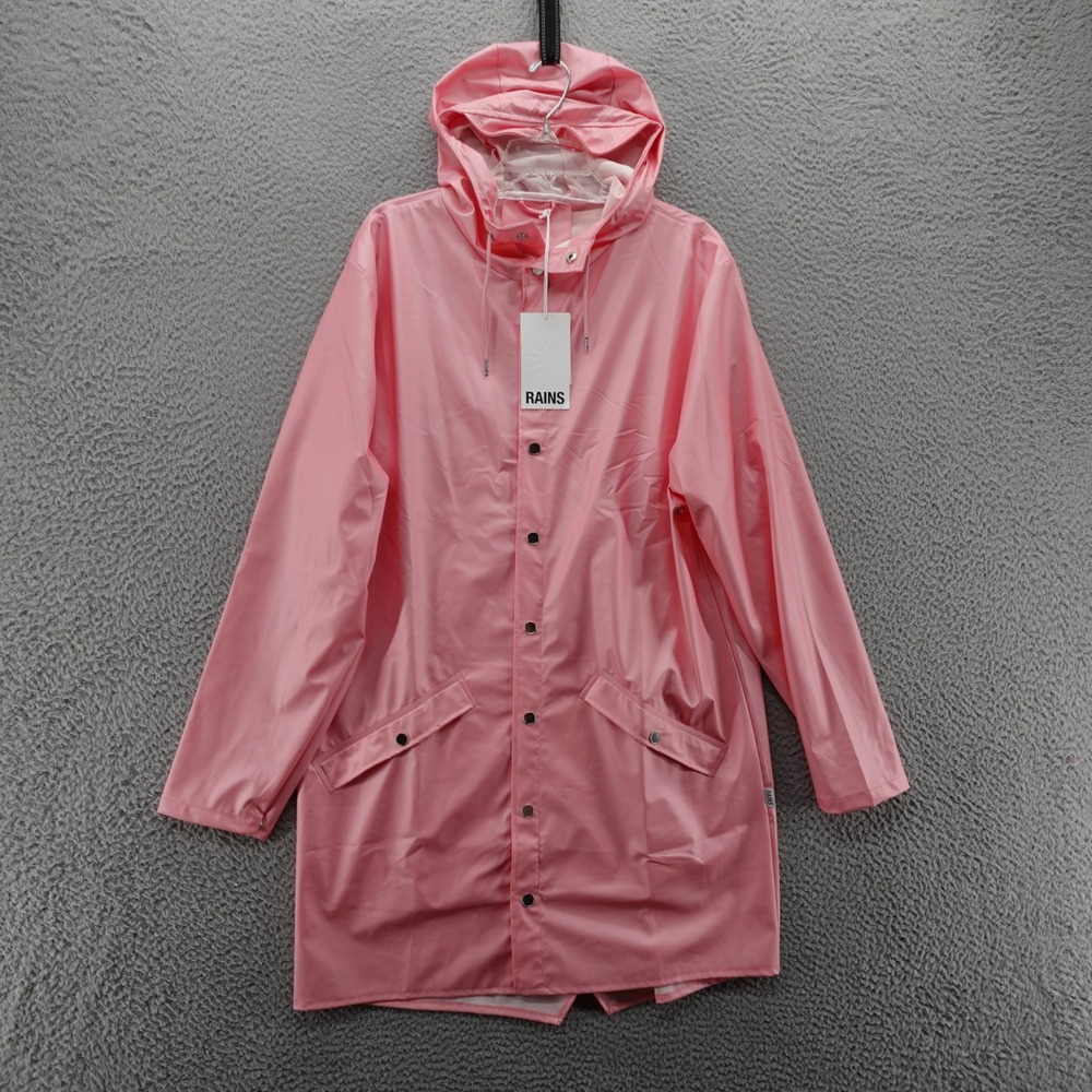 RAINS Long Jacket Pink Sky Waterproof Hooded Rain Coat Womens Large NEW